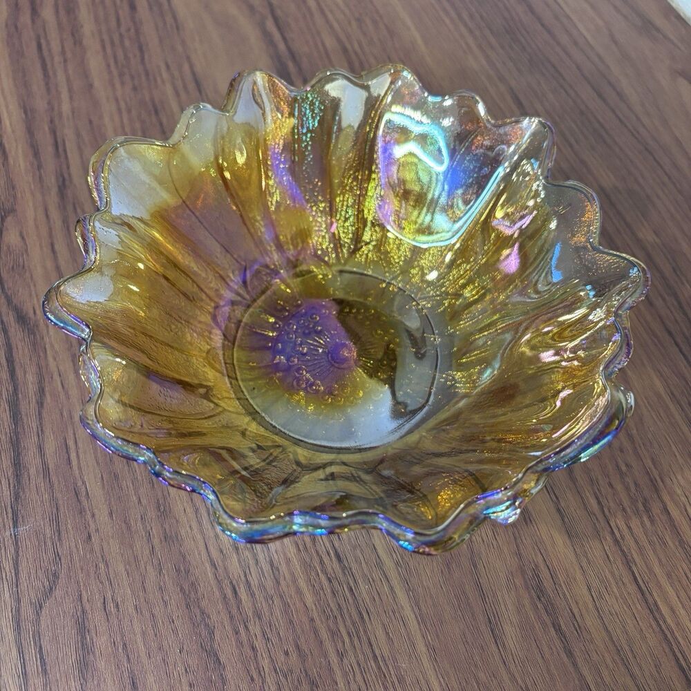 Vintage Iridescent Indiana Carnival Glass Bowl Sunflower Marigold Lily Pons